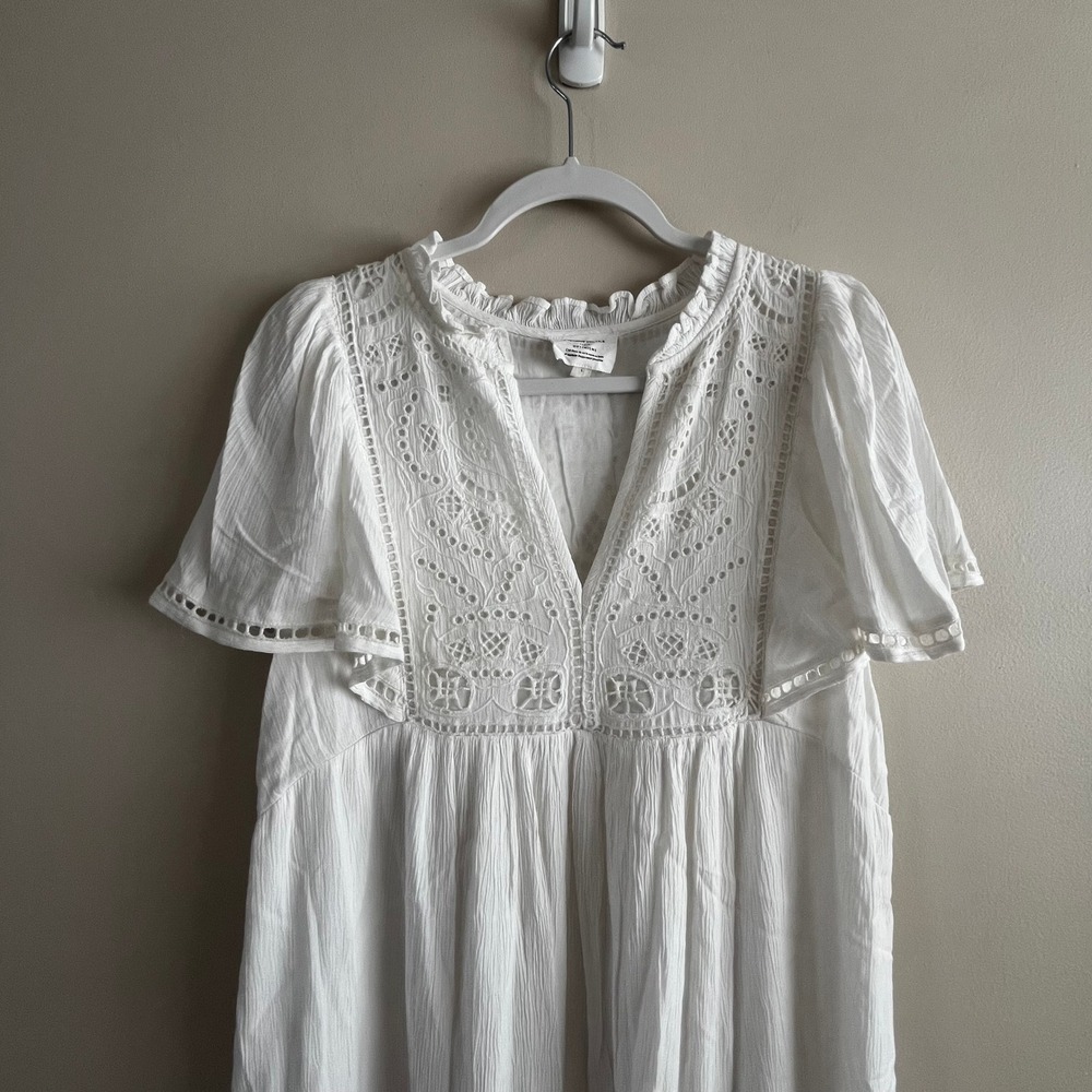 Maison 123 Paris White Eyelet Embroidery Midi Dress Size L Flutter Sleeve Ruffle - Picture 3 of 7